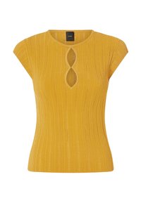 Top giallo a coste con maniche corte, caratterizzato da un'apertura a forma di chiave sul colletto. Realizzato in un tessutoTexturato con una vestibilità attillata.