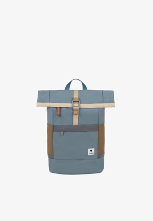 Blue roll-top backpack with beige strap buckle, brown side pockets, front zipper pocket, and a small logo patch on the lower right side.