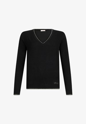 Černý svetr s výstřihem do V a dlouhými rukávy, stříbrné akcenty na výstřihu a manžetách, hladká textura a logo na spodní straně.