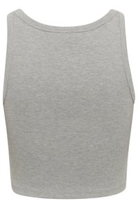 Grå bomull tanktopp med ribbet tekstur, ermeløs design, rund halslinje og tettsittende silhuett.