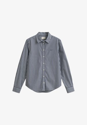 Camicia a righe blu navy e bianche con bottoni, colletto, maniche lunghe e orlo arrotondato. Presenta un piccolo logo sul petto.