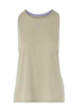 Haut de sport sans manches vert clair avec un col rond, présentant un design minimaliste et un logo discret sur la poitrine et le col.