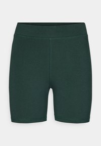 Zelené sportovní šortky vyrobené z elastického materiálu, s hladkým povrchem a přiléhavým střihem s vyšším pasem.