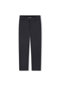 Ciemnoniebieskie spodnie wykonane z gładkiego materiału, z zapięciem na guzik, szlufkami na pasek oraz bocznymi kieszeniami. Prosty krój nogawek z dopasowanym wyglądem.