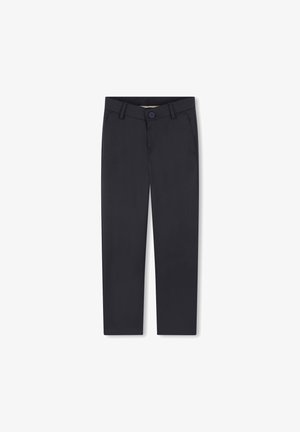 Pantaloni blu scuro realizzati in tessuto morbido, dotati di chiusura a bottone, passanti per cintura e tasche laterali. Design a gamba dritta con un aspetto su misura.