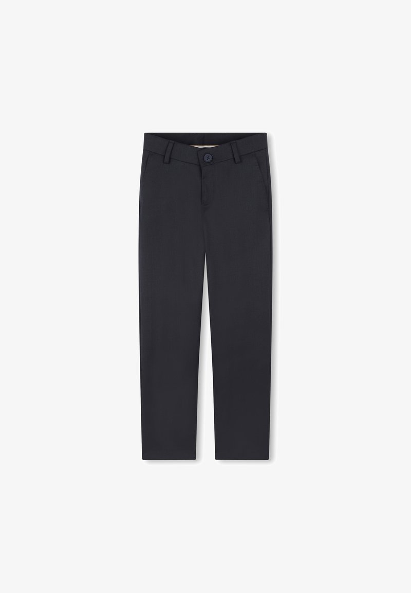 Ciemnoniebieskie spodnie wykonane z gładkiego materiału, z zapięciem na guzik, szlufkami na pasek oraz bocznymi kieszeniami. Prosty krój nogawek z dopasowanym wyglądem.