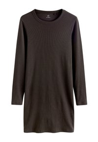 Dunkelbraunes Langarm-T-Shirt aus Rippenstoff, mit rundem Ausschnitt und lockerem Schnitt, ohne sichtbare Logos oder Muster.