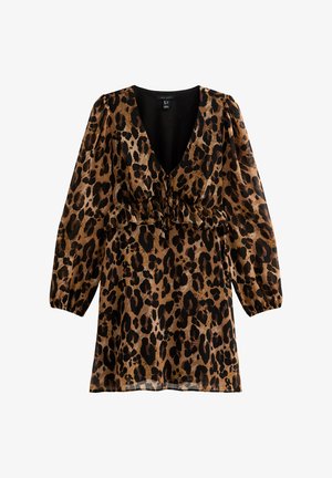 Vestido de estampado de leopardo en marrón y negro, con un profundo escote en V, mangas largas abullonadas y una cintura fruncida para una silueta ajustada.