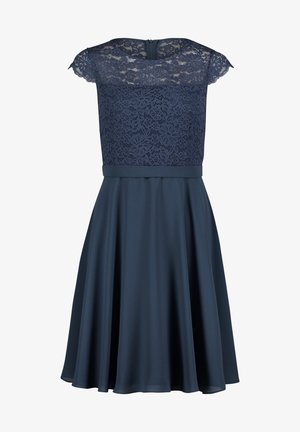 Navy blue dress with floral lace bodice, cap sleeves, fitted waist, and flared chiffon skirt, featuring a back zipper closure.