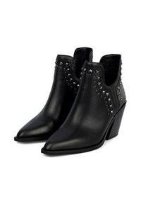 Botas de tobillo de cuero negro con punta afinada, tacón grueso y acentos de tachuelas en los laterales. Textura suave con un acabado mate.