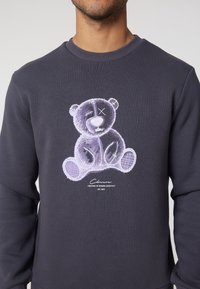 Felpa grigia scura con texture a coste, con una grafica di un orso viola e testo sotto. L'orso ha un design giocoso con dettagli cuciti.