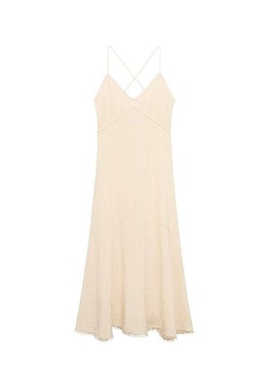 Helles beige Spaghetti-Trägerkleid mit ausgestellt geschnittenem Saum, strukturiertem Stoff und zarter gewellter Bordüre entlang des Ausschnitts und Saums.