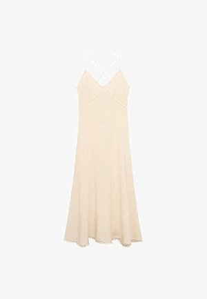 Helles beige Spaghetti-Trägerkleid mit ausgestellt geschnittenem Saum, strukturiertem Stoff und zarter gewellter Bordüre entlang des Ausschnitts und Saums.