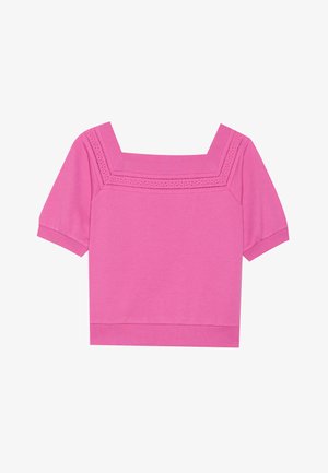Kort rosa bomullstopp med firkantet hals, korte ermer og perforerte detaljer rundt halsen. Glatt tekstur, avslappet design.