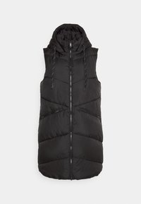 Gilet rembourré noir avec capuche, doté d'une fermeture éclair sur le devant, de deux poches zippées, d'un design matelassé et de cordons réglables au niveau du col.