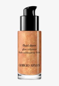 Giorgio Armani Fluid Sheer, een pompflacon met een stijlvol zwart deksel. De glazen container bevat een glinsterende, gouden vloeistof.