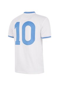 Witte voetbalshirt met blauwe accenten, korte mouwen en het nummer 10 duidelijk zichtbaar op de achterkant in een vette lettertype.