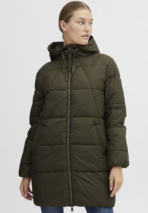 Padded, zippered coat in dark olive green with a hood, featuring quilted texture and elastic cuffs. Ideal for cold weather.
