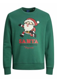 Groene sweatshirt met een cartoon Santa in een rode hoed en een witte baard. Onderstaand staat de tekst "SANTA IS COMING TO TOWN" in rood en zwart.