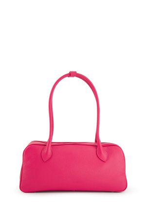 Pink leather handbag with a rectangular shape, dual handles, zip closure, and textured surface. Smooth accents enhance the overall design.