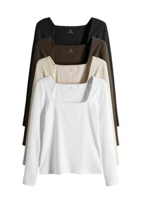 Langärmlige Oberteile mit geripptem Muster und quadratischem Ausschnitt. Farben sind Schwarz, Dunkelbraun, Beige und Weiß, übereinandergestapelt angeordnet.