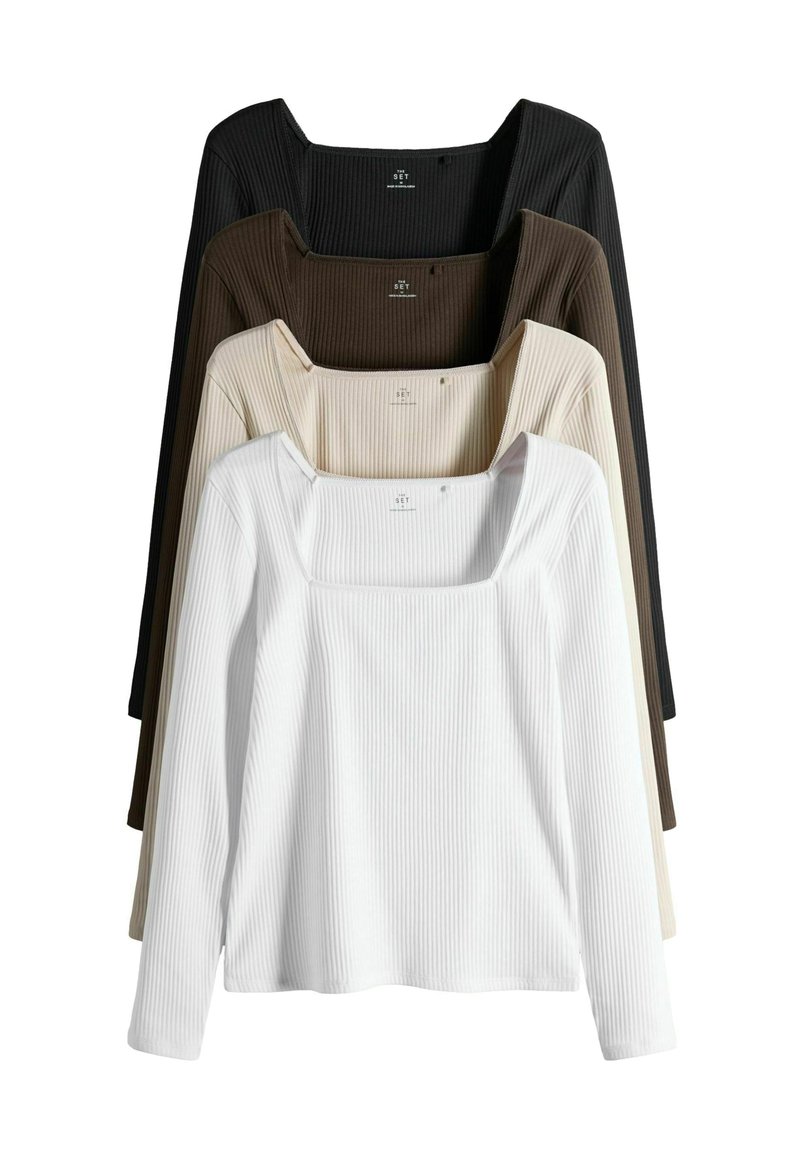 Langärmlige Oberteile mit geripptem Muster und quadratischem Ausschnitt. Farben sind Schwarz, Dunkelbraun, Beige und Weiß, übereinandergestapelt angeordnet.