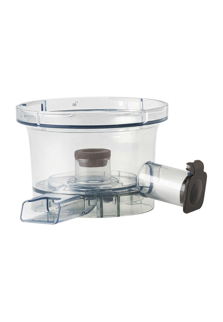 Průhledná plastová mísa kuchyňského robotu s horním víkem, středním válcem a boční přírubou s černým víčkem.