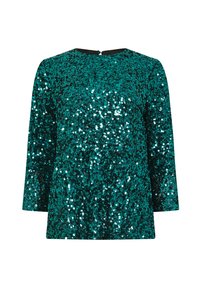 Top in paillettes turchesi con maniche lunghe, scollo rotondo e chiusura con zip sul retro. Superficie scintillante composta da paillettes sovrapposte.