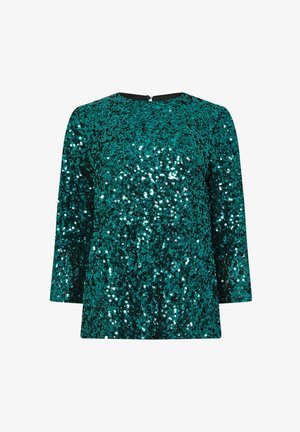 Türkiser Pailletten-Top mit langen Ärmeln, rundem Ausschnitt und Reißverschluss hinten. Funkelnde Oberflächentextur, die aus überlappenden Pailletten besteht.
