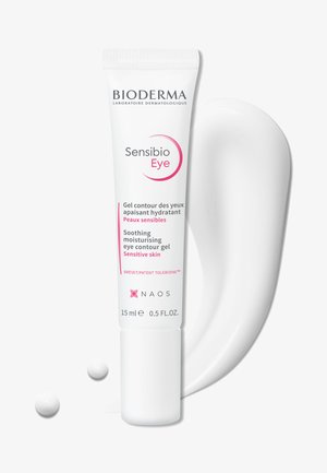 Bioderma Sensibio Augen-Gel, 15 ml Tube, weiß mit pinken Akzenten. Enthält eine beruhigende und feuchtigkeitsspendende Formel für empfindliche Haut. Enthält eine Applikatorspitze.