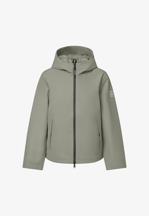 Lysegrønn hettejakke med glidelås foran, to sidelommer og ECOALF-logo på glidelåsen og venstre erme.