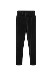 Leggings neri in velour con vita elastica e una superficie liscia e lucida. Vestibilità slim con design delle gambe affusolate.