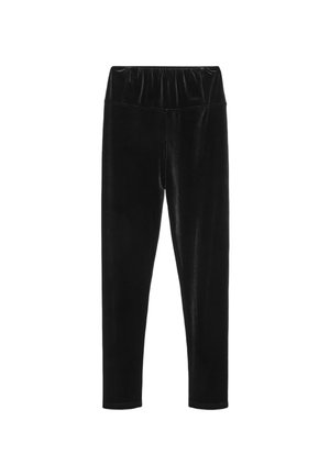 Leggings neri in velour con vita elastica e una superficie liscia e lucida. Vestibilità slim con design delle gambe affusolate.