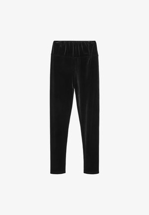 Black velour leggings featuring an elastic waistband and a smooth, shiny texture. Slim fit with a tapered leg design.