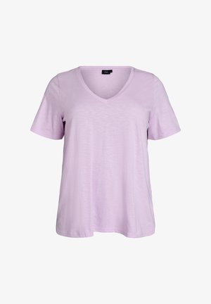 Lys lilla kortærmet V-hals T-shirt med afslappet pasform, vist på en enkel hvid baggrund.