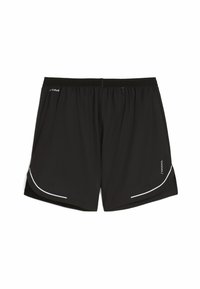 Herren schwarze Sportshorts aus leichtem Stoff. Mit einer Kordelzugtaille, Seitentaschen und reflektierenden weißen Akzenten.