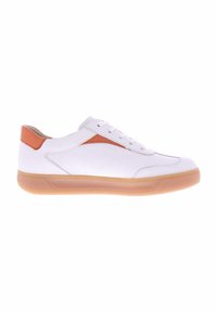 White leather sneakers with orange accents, round toe, lace-up closure, and a rubber sole with a translucent honey hue. Smooth texture.