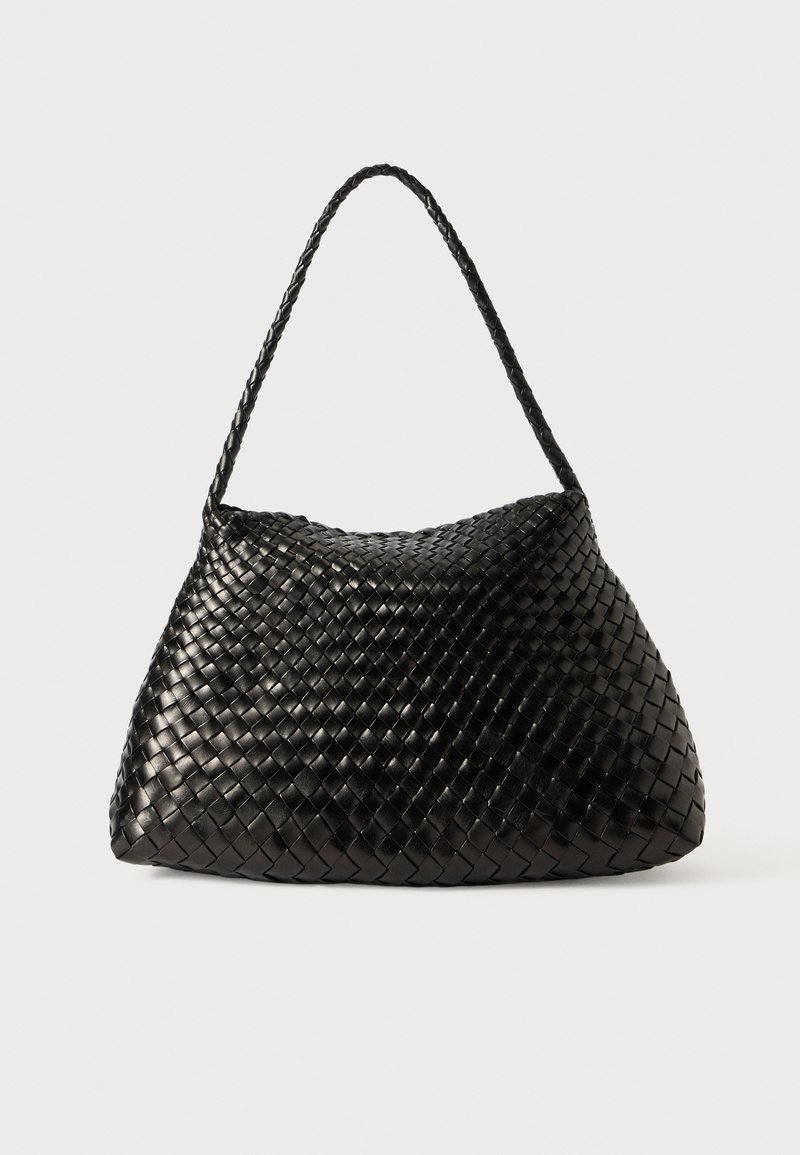 Black woven leather handbag with a curved, soft shape and a single braided strap, featuring a smooth texture and an intricate pattern.