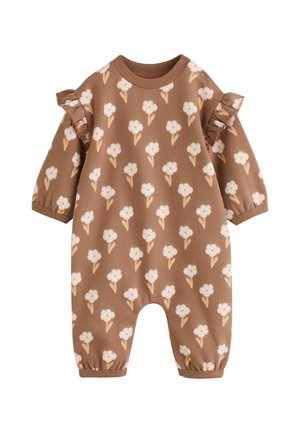Brown baby romper with white flower print, long sleeves, ruffle details on shoulders, elastic cuffs, and snaps on one shoulder.