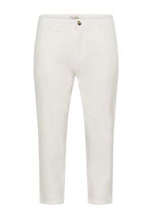 Cream-colored cropped pants with belt loops, front button, and pockets, designed for a slim fit.