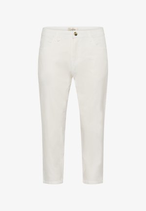 Cream-colored cropped pants with belt loops, front button, and pockets, designed for a slim fit.
