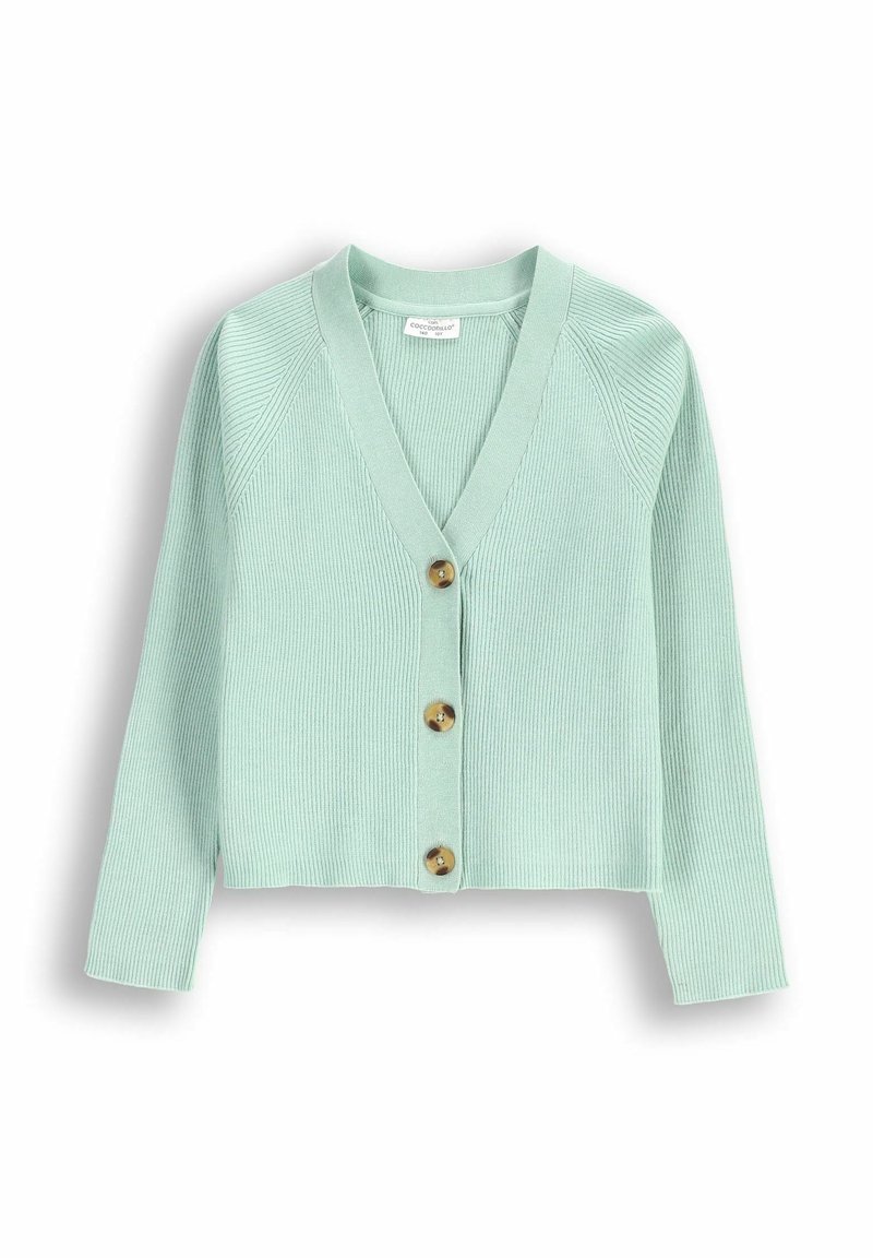 Miętowo-zielony kardigan z prążkowanej dzianiny, z dekoltem w kształcie V, z przodu zapinany na guziki i z długimi rękawami. Ma cztery okrągłe, brązowe guziki przy zapięciu.
