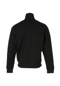 Zwarte trui met hoge kraag, lange mouwen en geribbelde manchetten. Gladde textuur en volledig zicht op de achterkant.