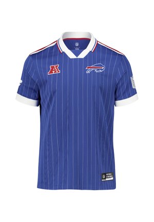 Maillot bleu des NFL Buffalo Bills avec fines rayures verticales blanches, col blanc et poignets de manches blancs, ainsi que les logos de l'équipe et de la ligue sur la poitrine et les manches.