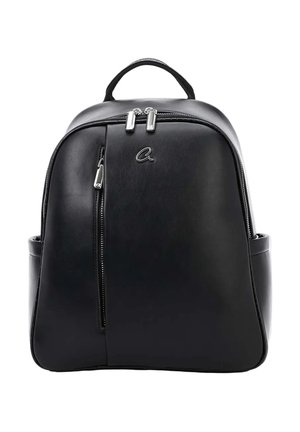 Zaino in pelle nera con maniglia superiore, tasca frontale con cerniera verticale, due cursori a cerniera argentati e piccolo logo sul pannello frontale.