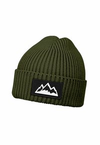 Dark green ribbed knit beanie with folded cuff featuring a black patch displaying a white mountain range logo.