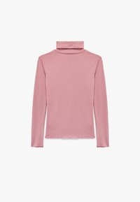 Dopasowany top z długim rękawem i golfem w miękkim różowym materiale. Gładka faktura, minimalne szwy oraz staranne wykończenie na dole i mankietach.