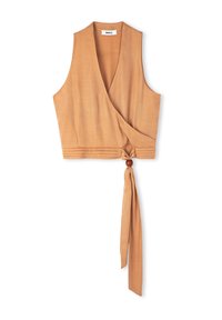 Top cropped in stile avvolgente in morbido tessuto color tan. Caratterizzato da scollatura a V, design senza maniche, fiocco laterale con accento in legno e dettaglio di orlo plissettato.