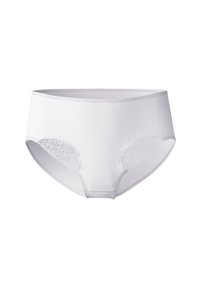 Weiße Baumwollunterhose mit floralen Spitzenakzenten an den Seiten, elastischem Bund und glatter Textur. Vollständig bedeckendes Design mit hoher Taille.
