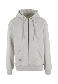 Szara bluza z kapturem na zamek, wykonana z miękkiego materiału. Posiada kaptur ze sznurkiem, dwie przednie kieszenie, ściągacze przy mankietach oraz logo marki na klatce piersiowej.